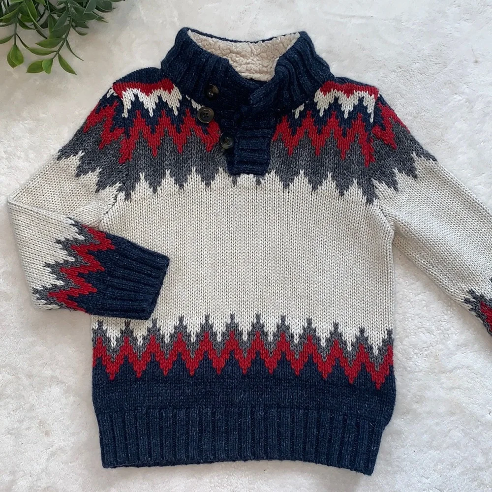 GAP Baby Boy Knit Sweater 18-24M Blue Cream Red Gray EUC
